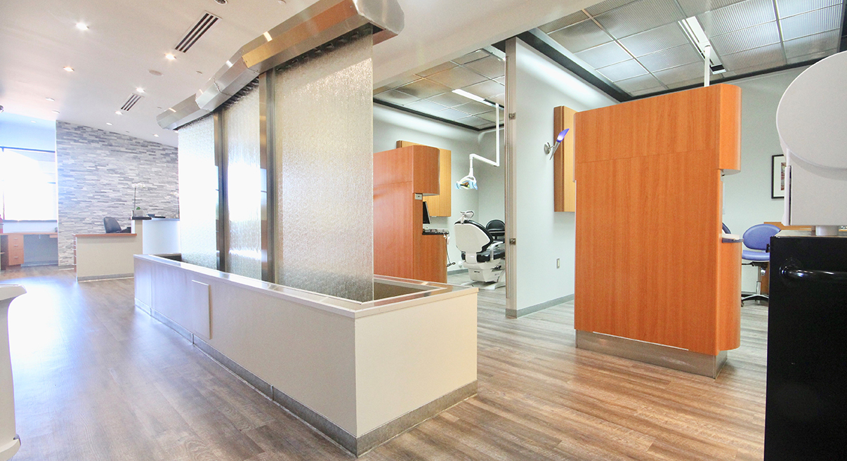 Feature wall separating dental exam rooms