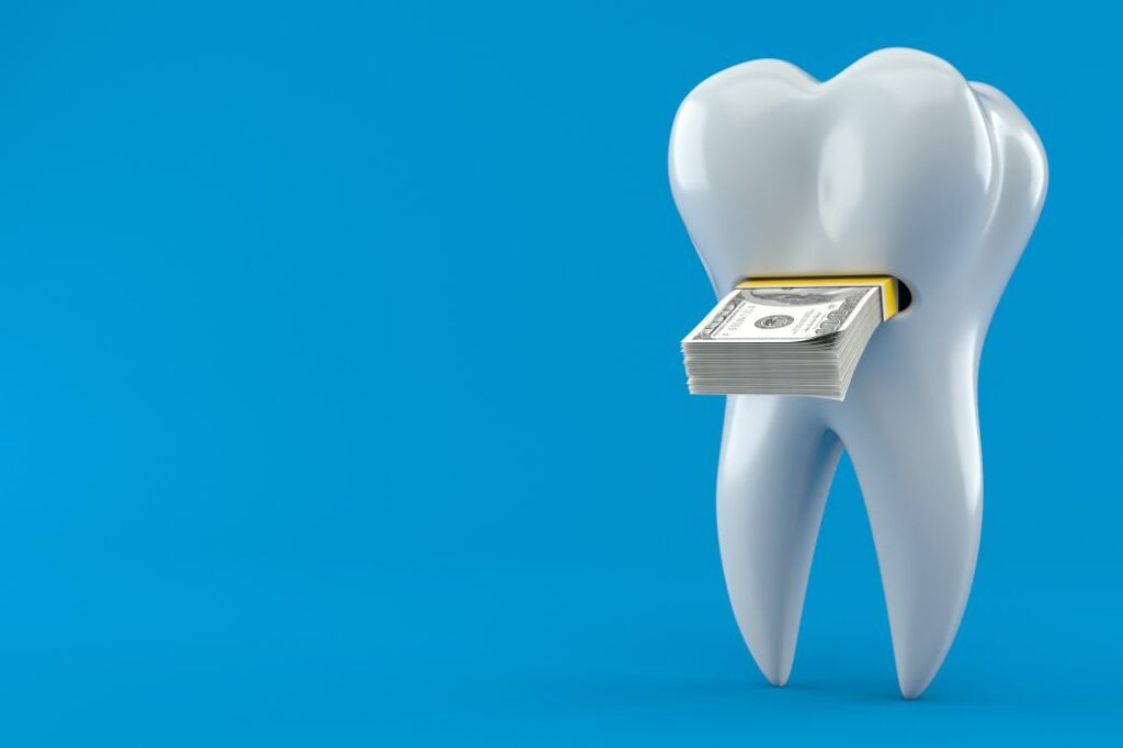 A CGI tooth with money coming out of it